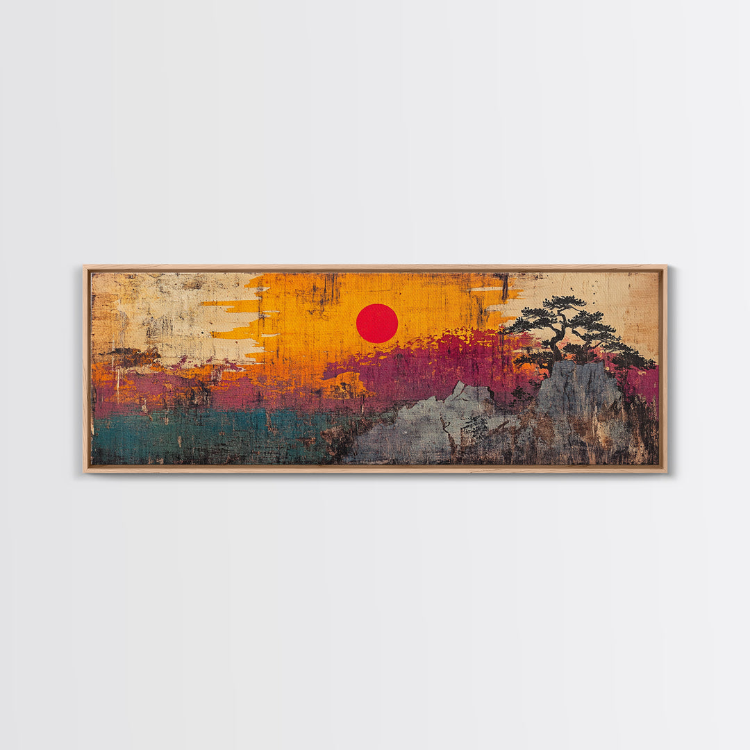 Abstract Mountain Sunset Canvas Print, Japanese Inspired Landscape Wall Art, Bold Orange Teal Decor, Modern Rustic Living Room Print
