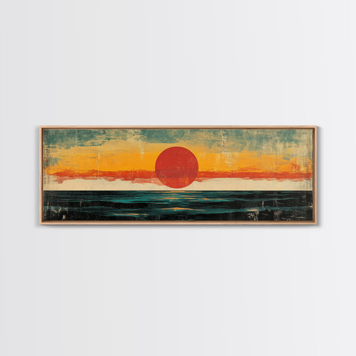 Minimalist Red Sun Ocean Wall Art, Abstract Coastal Landscape Print, Mid Century Modern Decor, Long Horizontal Canvas For Bedroom