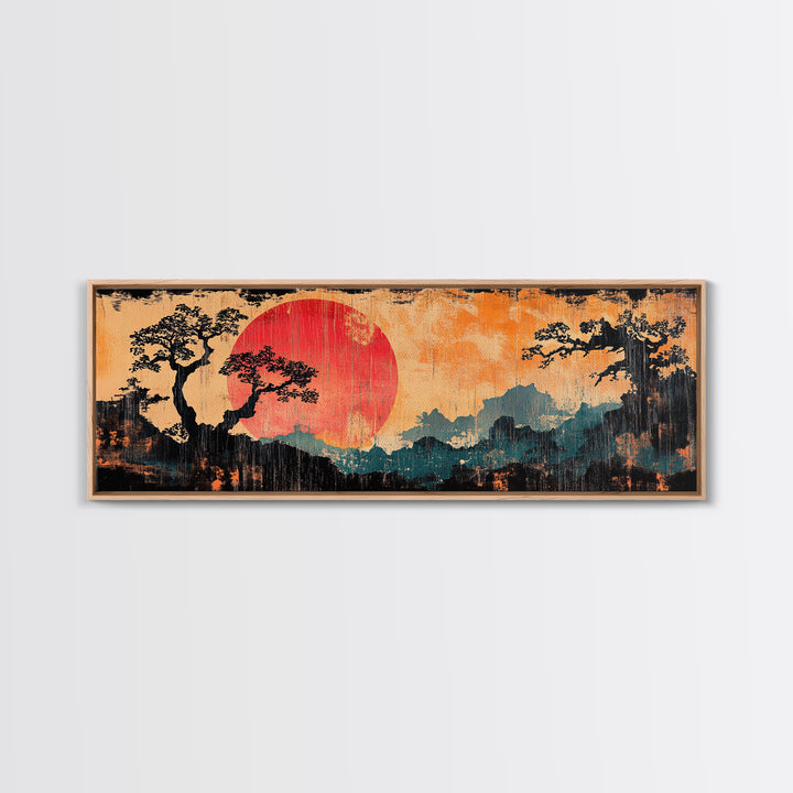 Crimson Sun Behind Misty Mountains Wall Art, Japanese Landscape Canvas Print, Pine Forest Decor, Panoramic Living Room Art