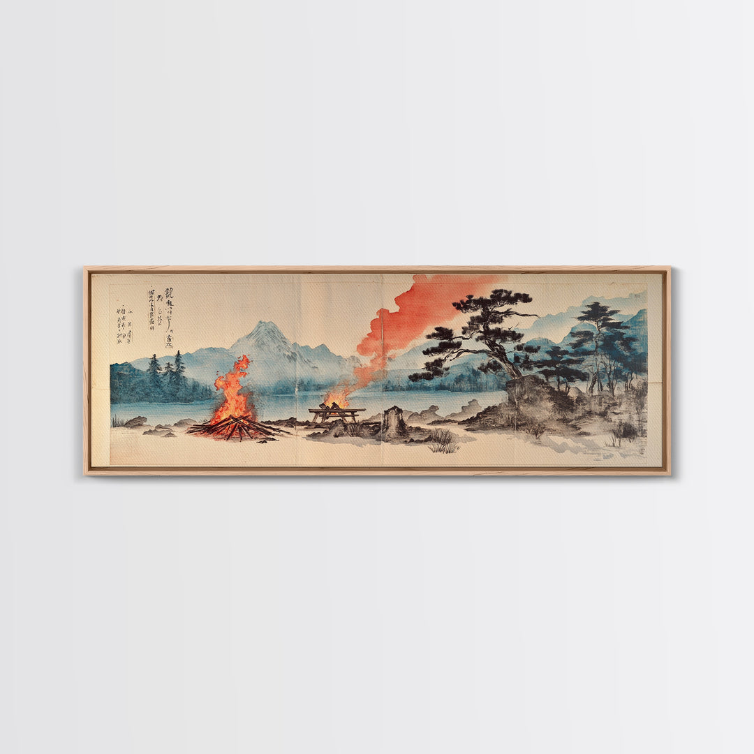 Mountain Campfire By Quiet Lake Wall Art, Japanese Landscape Canvas Print, Zen Nature Decor, Rustic Cabin Home Office Art
