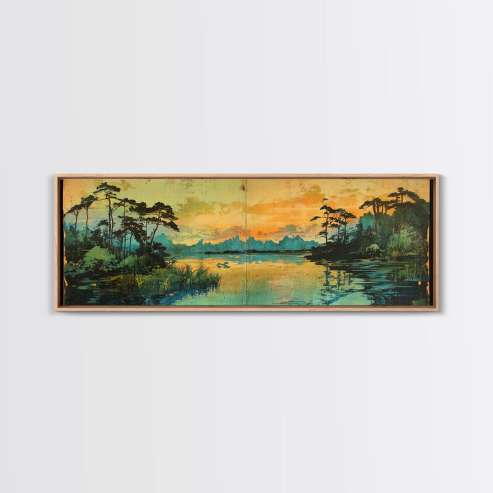 Golden Marsh At Sunset Wall Art, Cypress Lake Landscape Canvas Print, Moody Nature Decor, Large Panoramic Living Room Art