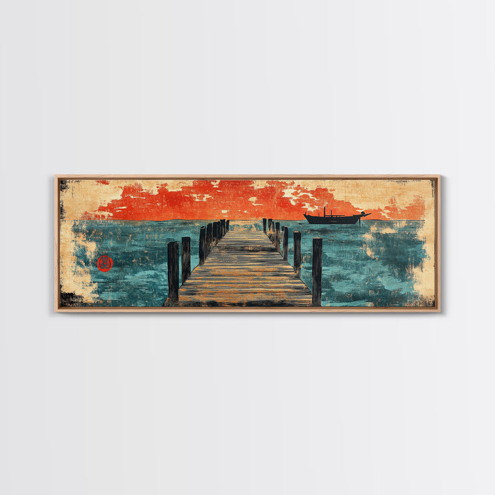 Weathered Pier And Red Sky Wall Art, Japanese Coastal Canvas Print, Ocean Sunset Decor, Large Horizontal Nautical Living Room Art