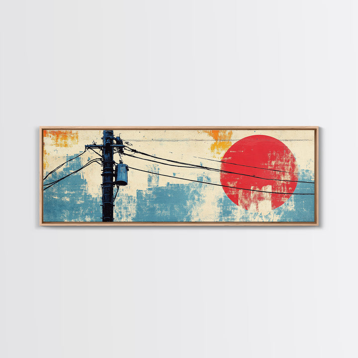 Weathered Utility Pole With Red Sun Canvas Print, Japanese Wall Art, Urban Industrial Decor, Long Horizontal Living Room Art