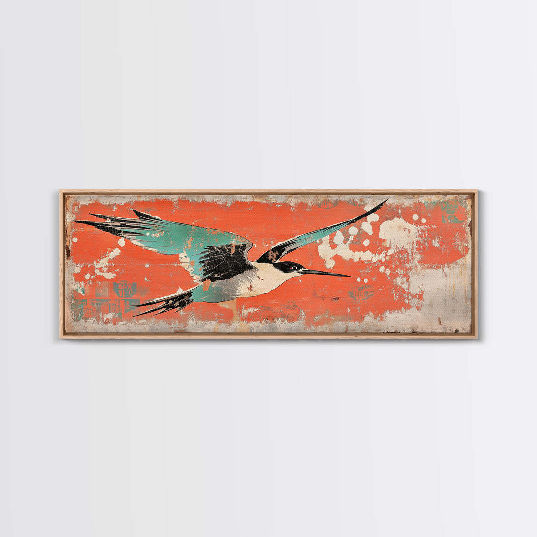 Graceful Teal Crane In Flight Wall Art, Japanese Bird Print, Coastal Wildlife Decor, Long Horizontal Canvas For Living Room