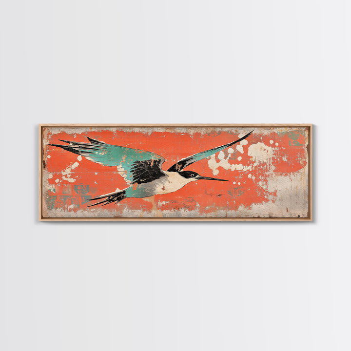 Graceful Teal Crane In Flight Wall Art, Japanese Bird Print, Coastal Wildlife Decor, Long Horizontal Canvas For Living Room