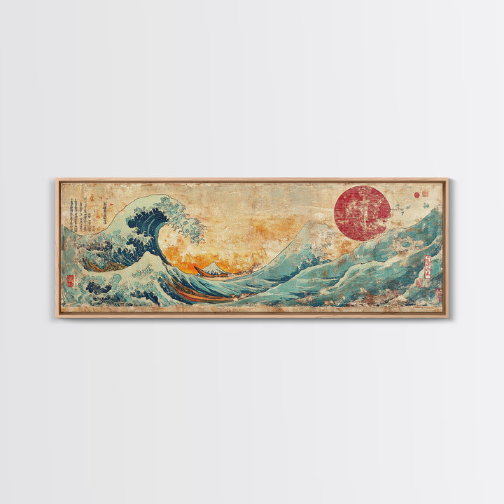 Cresting Blue Wave And Red Sun Framed Canvas Print, Japanese Seascape Wall Art, Coastal Decor For Living Room And Bedroom