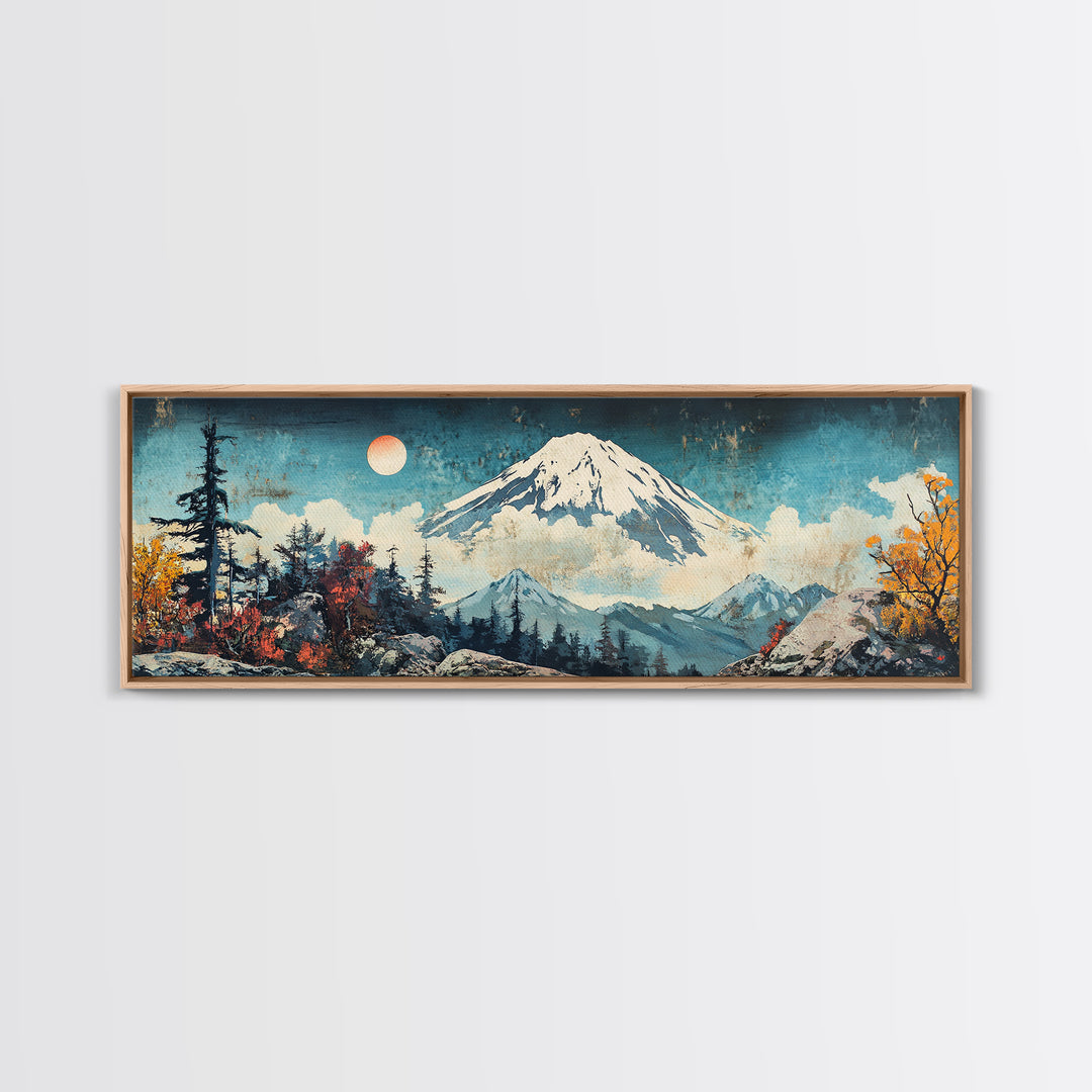 Snowy Mount Fuji With Moonlit Forest Framed Canvas Print, Japanese Mountain Wall Art, Winter Landscape Living Room Decor