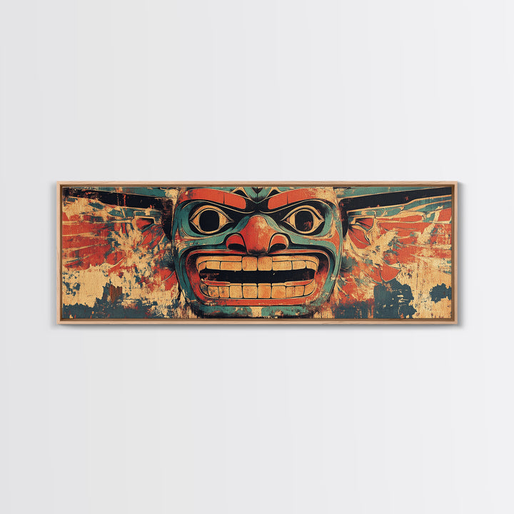 Bold Tribal Mask Framed Canvas Print, Indigenous Wall Art, Ethnic Home Decor, Pacific Northwest Style, Statement Artwork