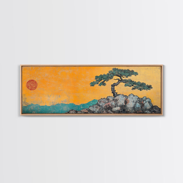 Solitary Pine Tree Canvas Print, Japanese Landscape Wall Art, Zen Home Decor, Japandi Wall Decor, Calming Nature Art Print