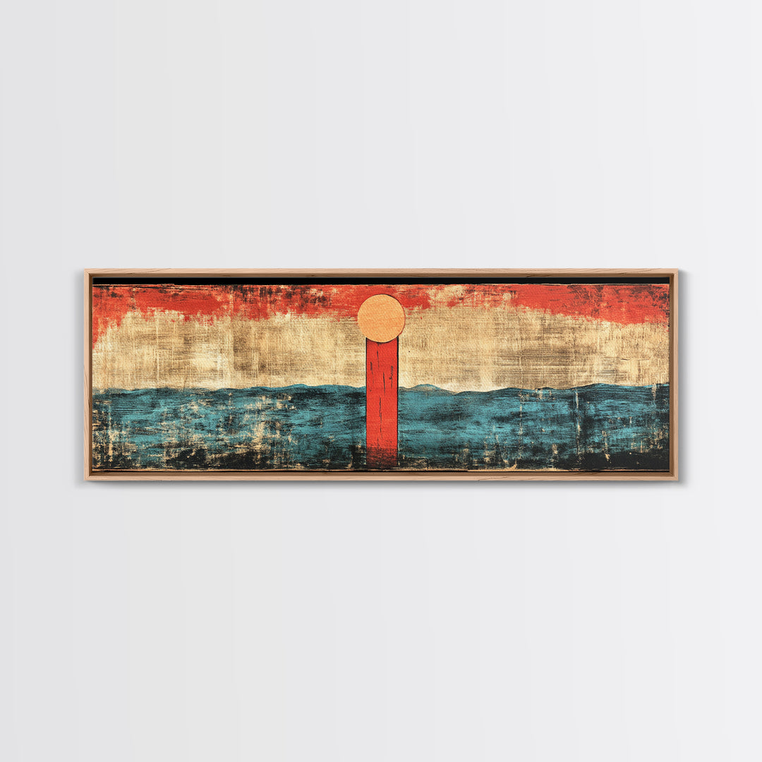 Minimal Red Sun Over Waves Canvas Print, Japanese Seascape Wall Art, Coastal Decor, Abstract Ocean Art, Japandi Home Decor