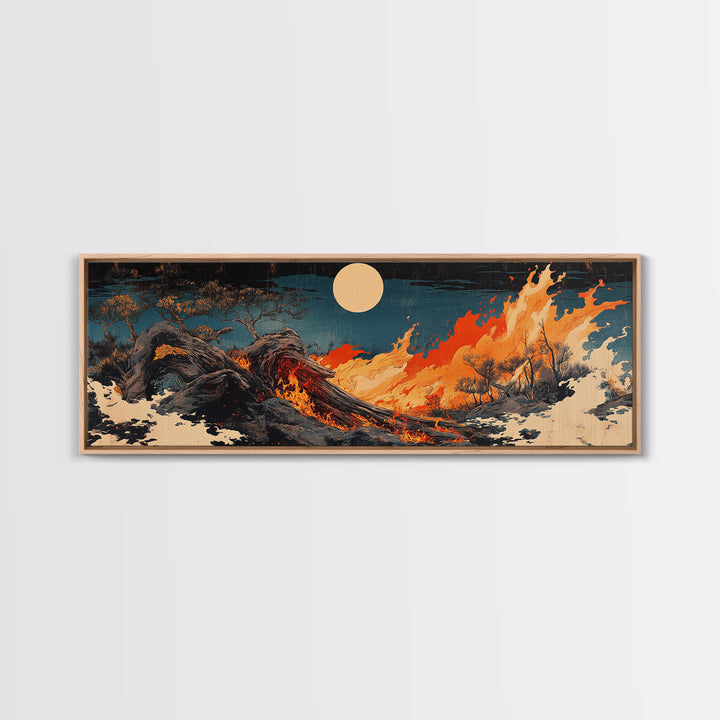 Fiery Dragon Wave Framed Canvas Print, Japanese Fantasy Wall Art, Dark Ocean Decor, Mythical Creature Art, Statement Artwork