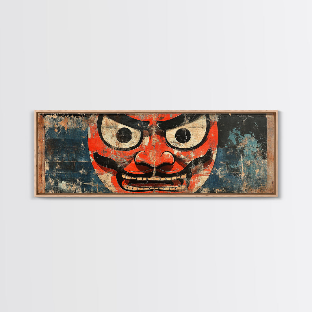 Red Oni Mask Wall Art, Japanese Framed Canvas Print, Asian Inspired Decor, Bold Folk Art, Dramatic Statement Artwork Gift