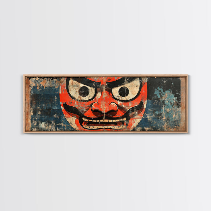 Red Oni Mask Wall Art, Japanese Framed Canvas Print, Asian Inspired Decor, Bold Folk Art, Dramatic Statement Artwork Gift