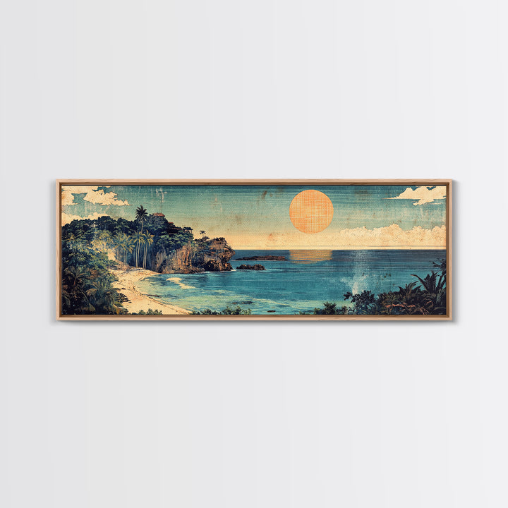 Tropical Ocean Cove Sunset Wall Art, Panoramic Coastal Canvas Print, Beach House Decor, Nautical Living Room Wall Art Print