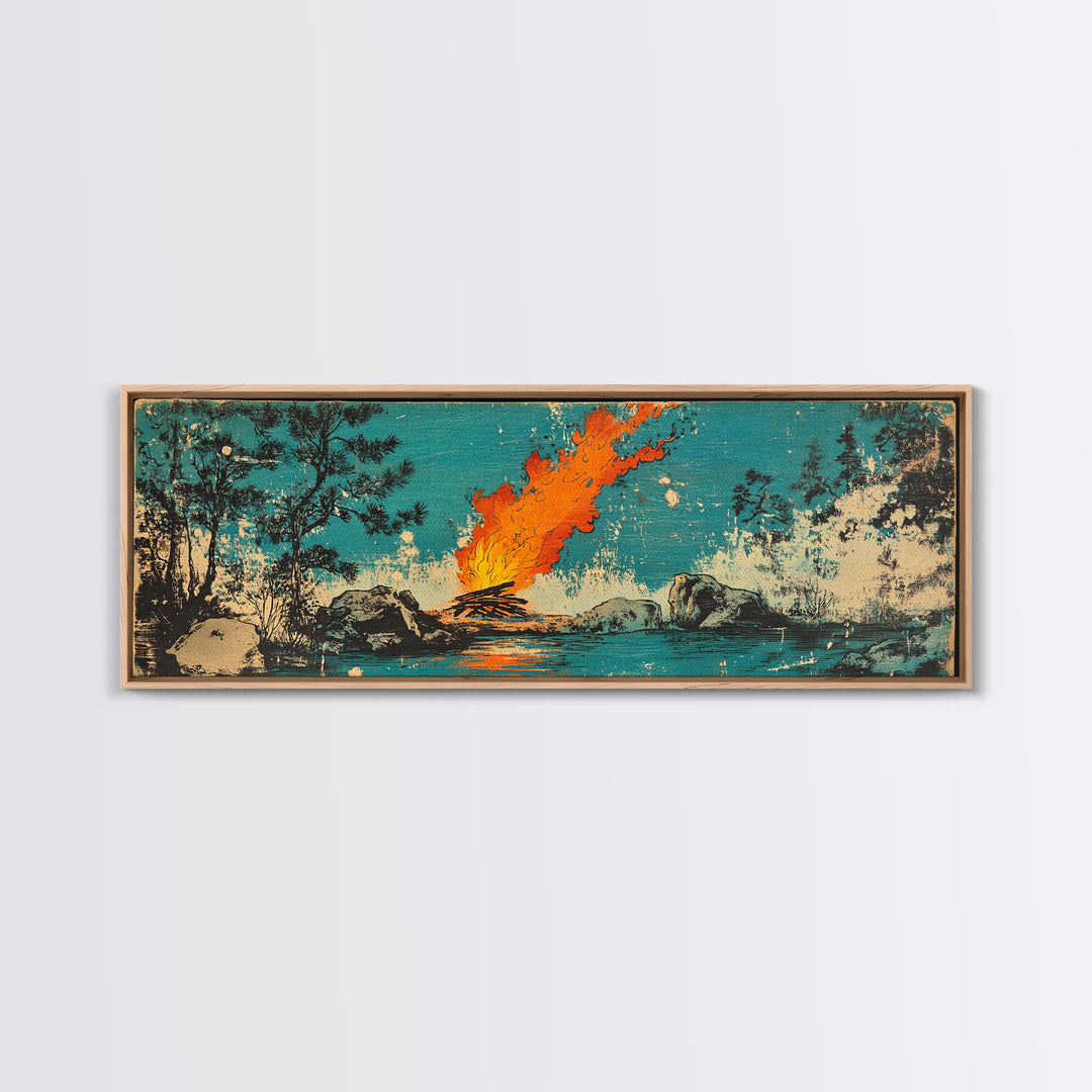 Campfire By River In Teal Forest Wall Art, Rustic Nature Canvas Print, Cozy Cabin Decor, Outdoor Adventure Wall Decor, Living Room Art
