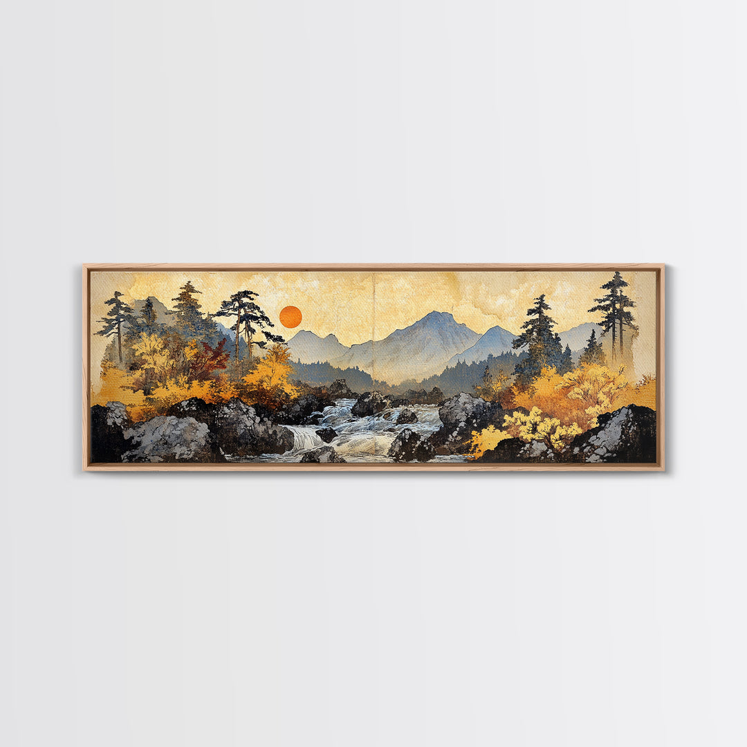 Autumn Mountain River Sunrise Wall Art, Panoramic Landscape Canvas Print, Rustic Cabin Decor, Large Nature Living Room Art