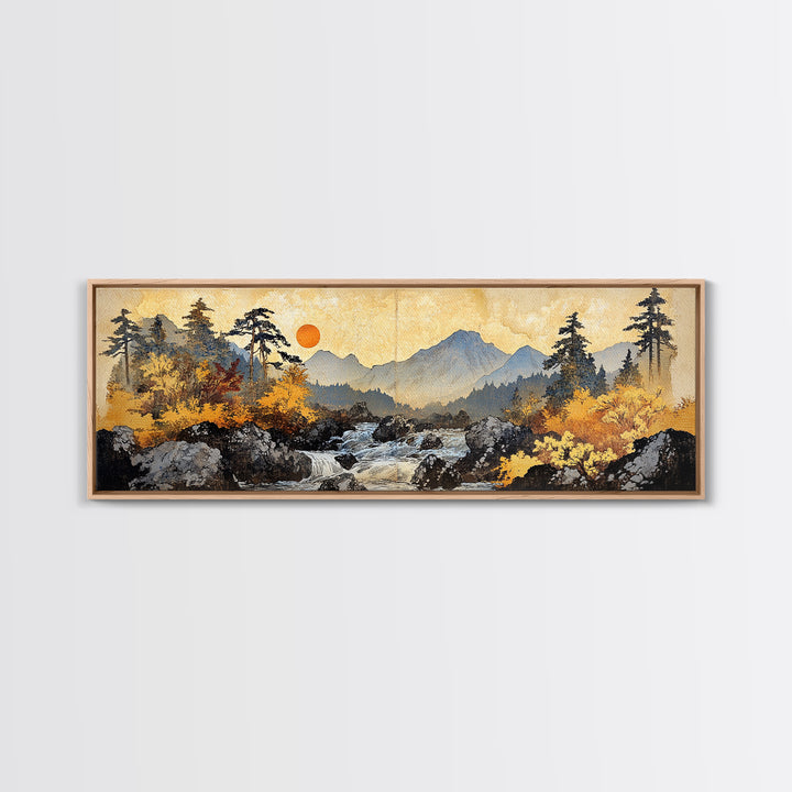 Autumn Mountain River Sunrise Wall Art, Panoramic Landscape Canvas Print, Rustic Cabin Decor, Large Nature Living Room Art