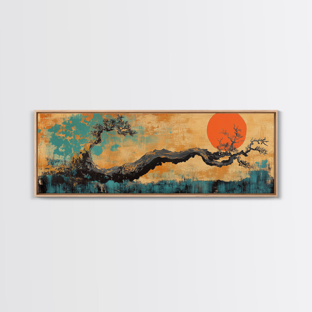 Twisted Bonsai Tree With Red Sun Wall Art, Japanese Landscape Canvas Print, Japandi Asian Decor For Modern Living Room Home Decor