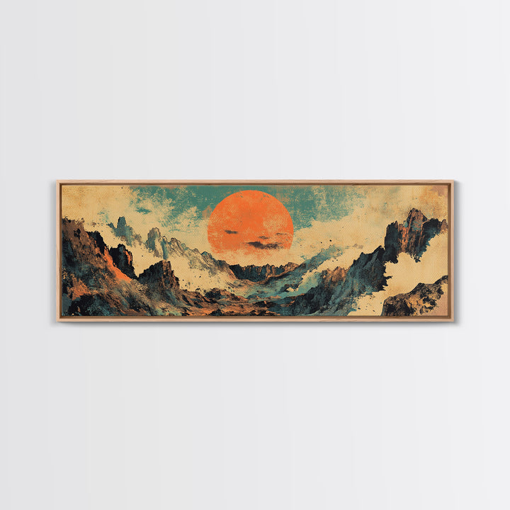 Abstract Mountain Valley With Orange Sun Wall Art, Modern Landscape Canvas Print, Japandi Earth Tone Living Room Home Decor