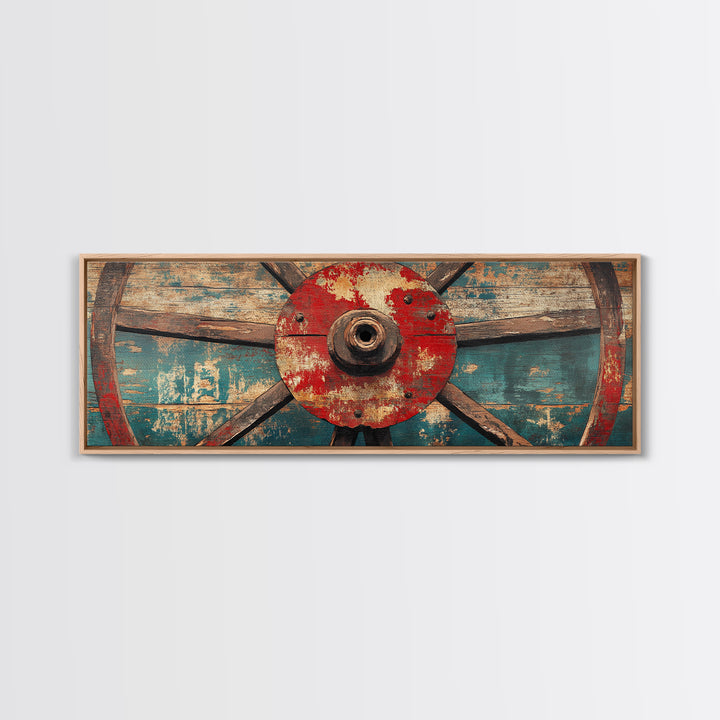 Weathered Wagon Wheel On Turquoise Wood Wall Art, Rustic Western Framed Canvas Print, Farmhouse Decor For Man Cave Home Bar Decor