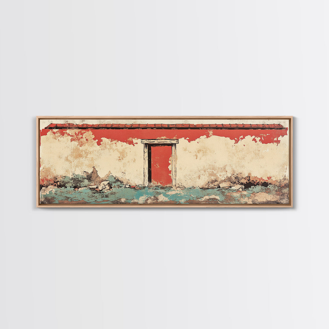 Weathered Red Door Adobe Facade Wall Art, Rustic Southwestern Canvas Print, Farmhouse Entryway Decor, Long Horizontal Art