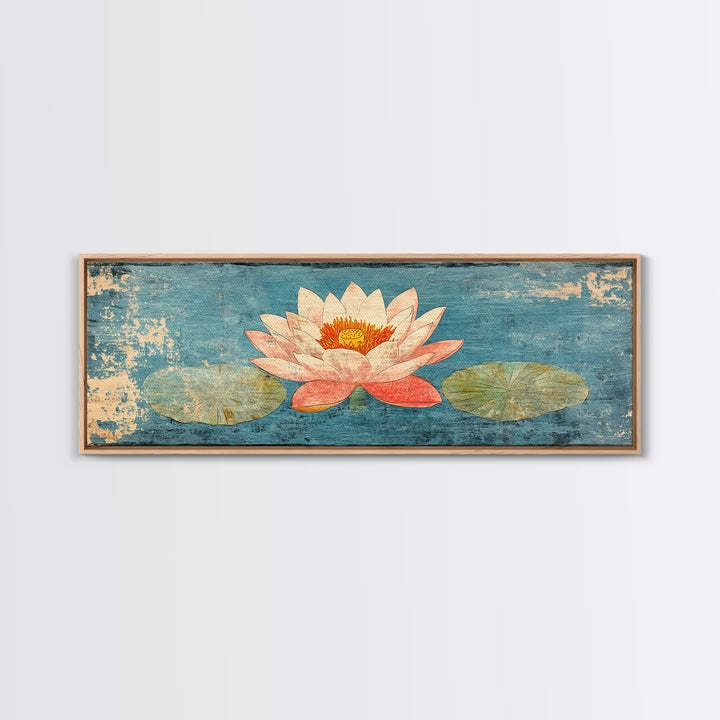 Pink Lotus Flower On Blue Pond Wall Art, Japanese Water Lily Canvas Print, Zen Bathroom Decor, Botanical Coastal Home Decor