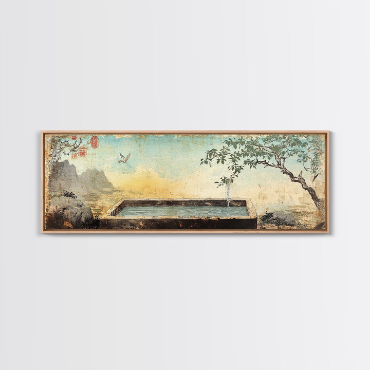 Stone Garden Fountain With Tree Wall Art, Japandi Courtyard Canvas Print, Zen Spa Decor, Asian Inspired Landscape Wall Decor