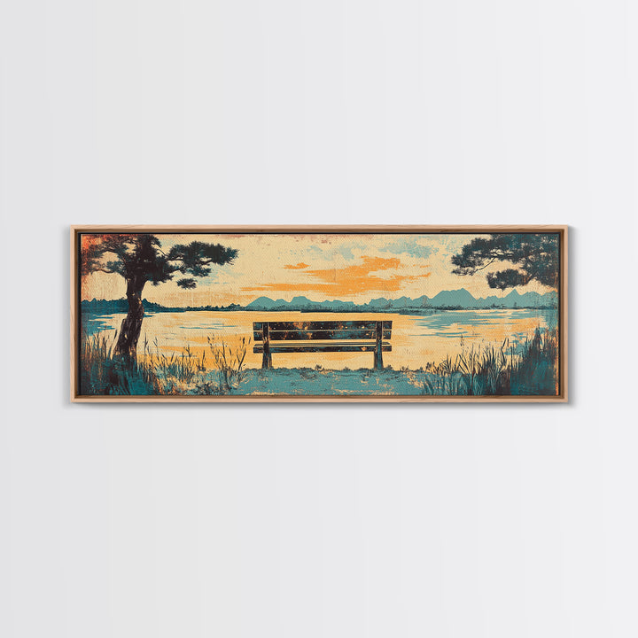 Lake Bench At Sunset With Pine Trees Wall Art, Coastal Landscape Canvas Print, Serene Living Room Decor, Long Horizontal Art