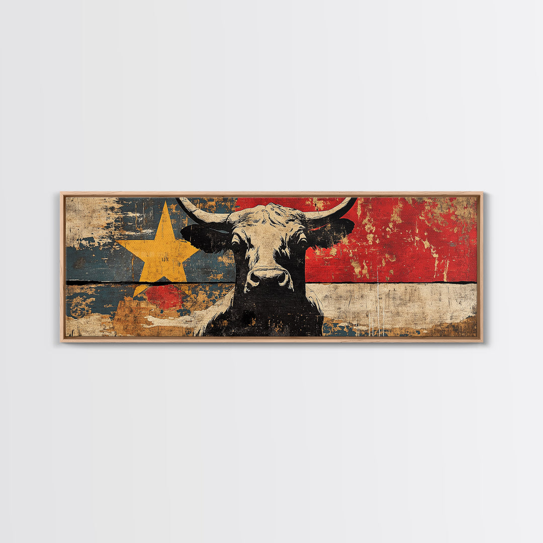 Black Longhorn Bull Texas Flag Wall Art, Western Canvas Print, Rustic Ranch Decor, Cowboy Man Cave Decor, Americana Gift