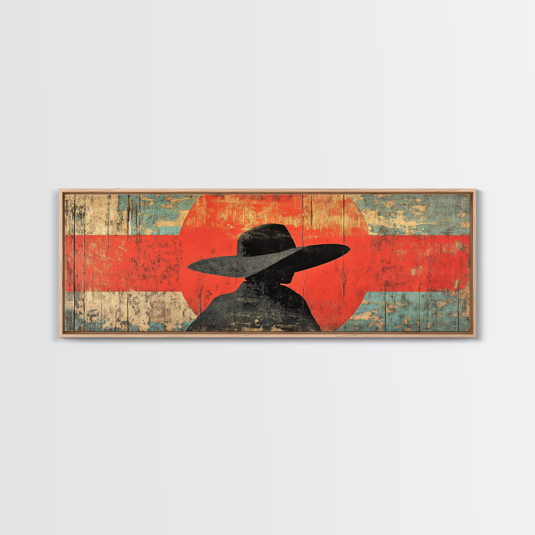 Cowboy Silhouette Red Sun Wall Art, Modern Western Canvas Print, Rustic Ranch Decor, Southwestern Living Room Statement Artwork