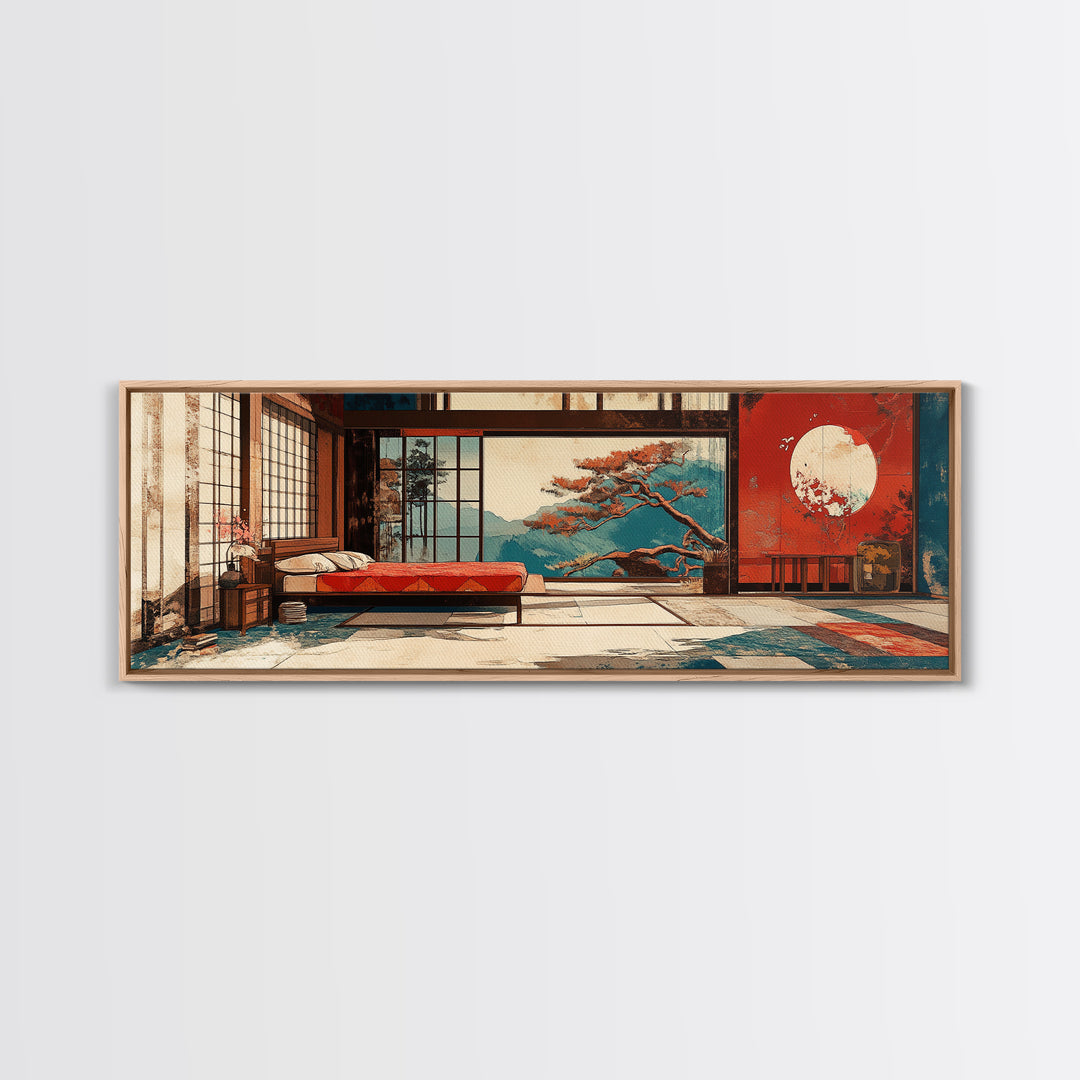 Japanese Bedroom With Moon View Wall Art, Japandi Framed Canvas Print, Zen Home Decor, Above Bed Living Room Wall Decor Print