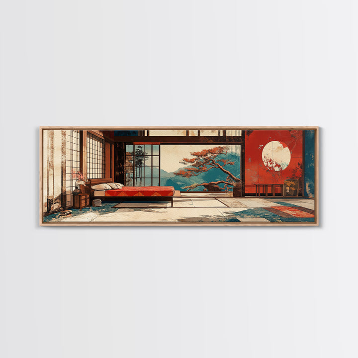 Japanese Bedroom With Moon View Wall Art, Japandi Framed Canvas Print, Zen Home Decor, Above Bed Living Room Wall Decor Print