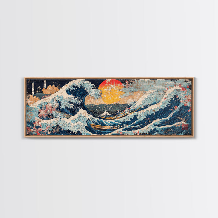 Japanese Ocean Wave And Red Sun Wall Art, Hokusai Inspired Canvas Print, Nautical Coastal Decor, Large Living Room Seascape Print