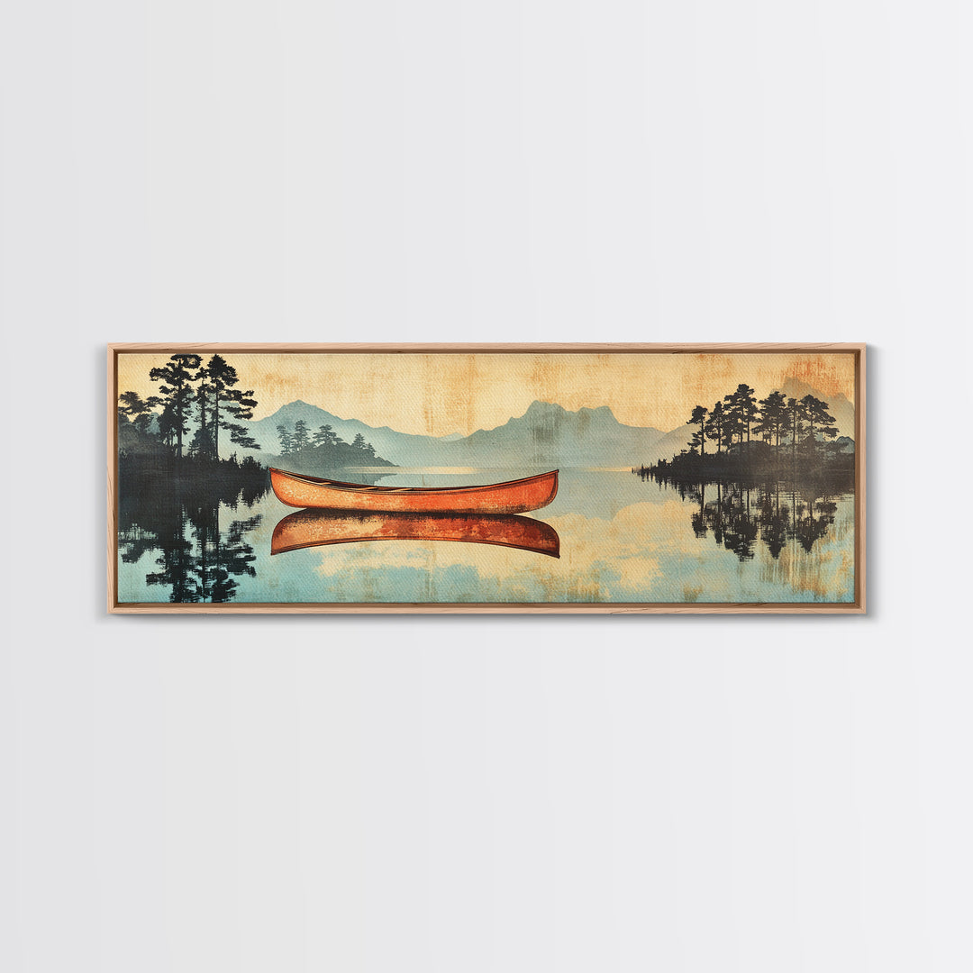 Orange Canoe On Misty Lake Framed Canvas Print, Cabin Wall Art, Rustic Landscape Art, Lake House Living Room Decor, Home Decor