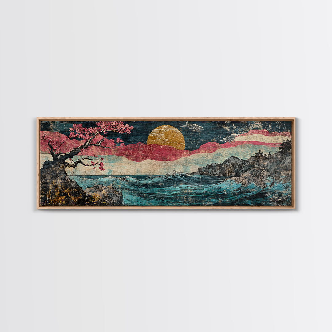 Gold Sun Ocean Wave Canvas Print, Cherry Blossom Japanese Wall Art, Coastal Seascape Art, Large Living Room Decor, Home Decor