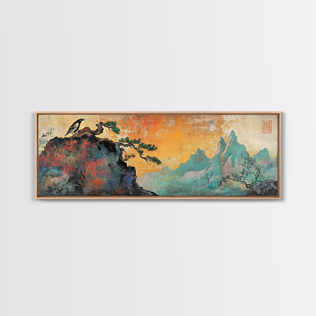 Soaring Bird Rocky Cliff Canvas Print, Teal Mountain Landscape Wall Art, Japanese Nature Art, Large Panoramic Home Decor
