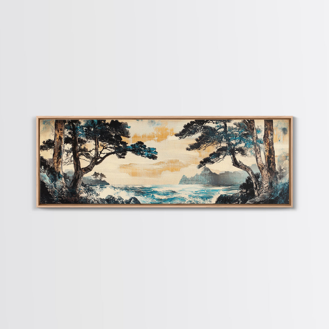 Misty Coastal Cove Canvas Print, Pine Tree Seascape Wall Art, Japanese Inspired Landscape, Large Panoramic Living Room Home Decor
