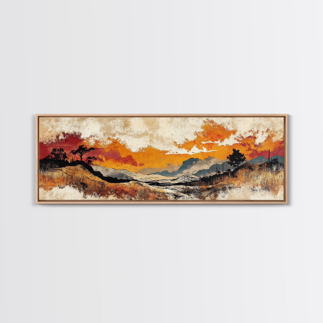 Autumn Valley Sunset Canvas Print, Orange Mountain Landscape Wall Art, Rustic Nature Art, Large Panoramic Home Decor Print