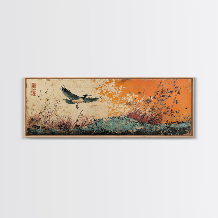 Flying Crane Over Floral Meadow Canvas Print, Japanese Bird Wall Art, Orange Sky Nature Art, Large Living Room Home Decor