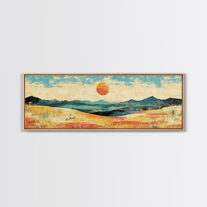 Sun Over Rolling Hills Canvas Print, Minimalist Landscape Wall Art, Mid Century Modern Home Decor, Large Living Room Print