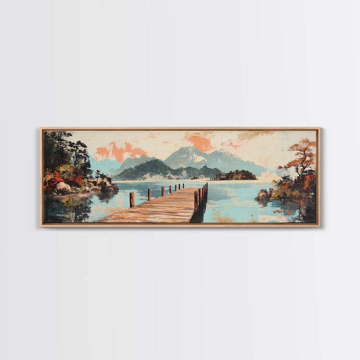 Serene Lake Dock And Mountain Canvas Print, Japanese Landscape Art, Coastal Wall Decor, Peaceful Living Room Decor, Above Sofa Wall Art