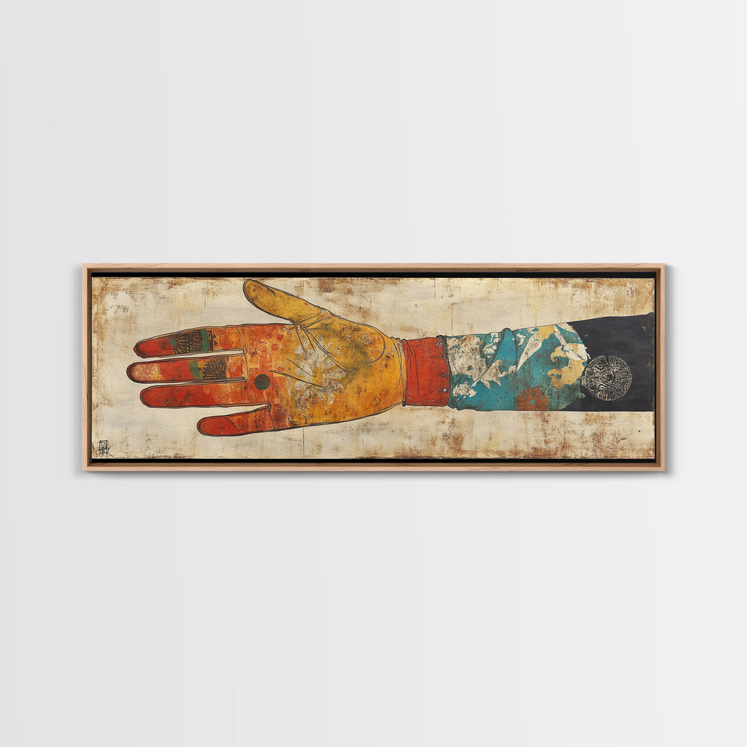 Japanese Hand And Kimono Sleeve Wall Art, Wabi Sabi Framed Canvas Print, Asian Textile Decor, Eclectic Gallery Art For Living Room