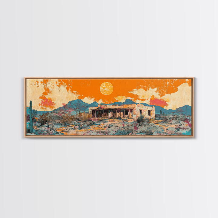 Orange Desert Adobe House Wall Art, Southwestern Landscape Canvas Print, Modern Rustic Home Decor, Santa Fe Style Poster