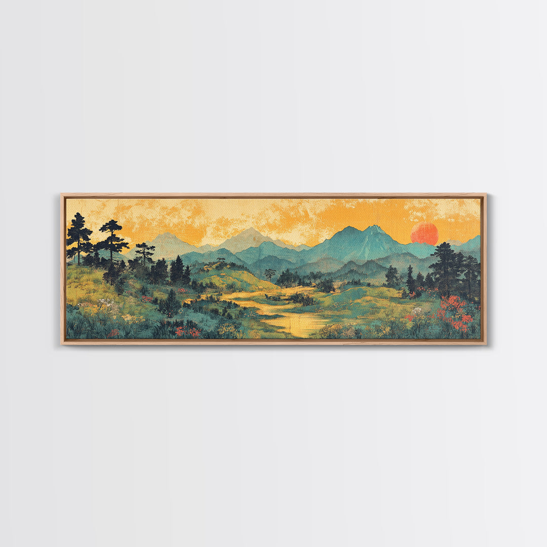 Misty Mountain Meadow Wall Art, Golden Sunrise Landscape Canvas Print, Nature Wall Decor, Above Sofa Living Room Decor Print