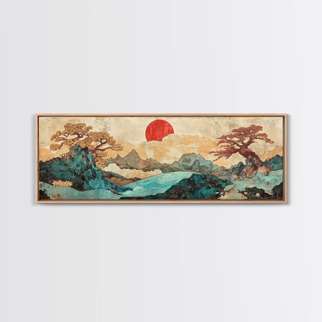 Red Sun Mountain River Landscape Wall Art, Japanese Wall Art, Panoramic Canvas, Japandi Decor, Living Room Wall Decor, Home Decor
