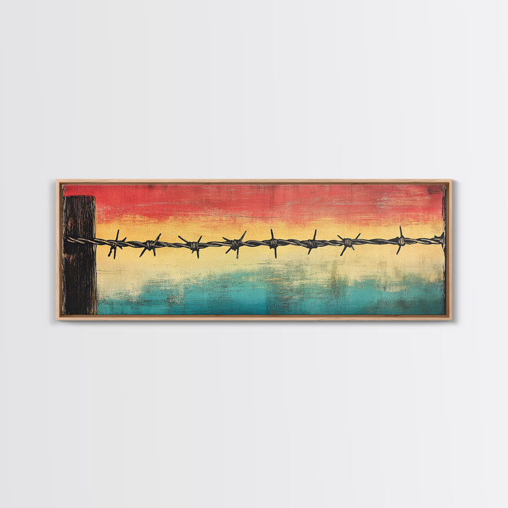 Barbed Wire Sunset Over Water Wall Art, Rustic Industrial Decor, Western Wall Art, Moody Canvas Print, Office Wall Decor
