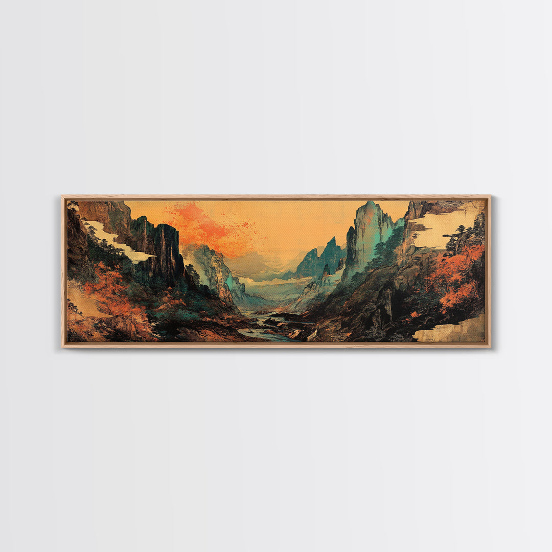 Misty Asian Mountain Valley Wall Art, Japanese Landscape, Zen Home Decor, Panoramic Canvas Print, Moody Living Room Wall Art