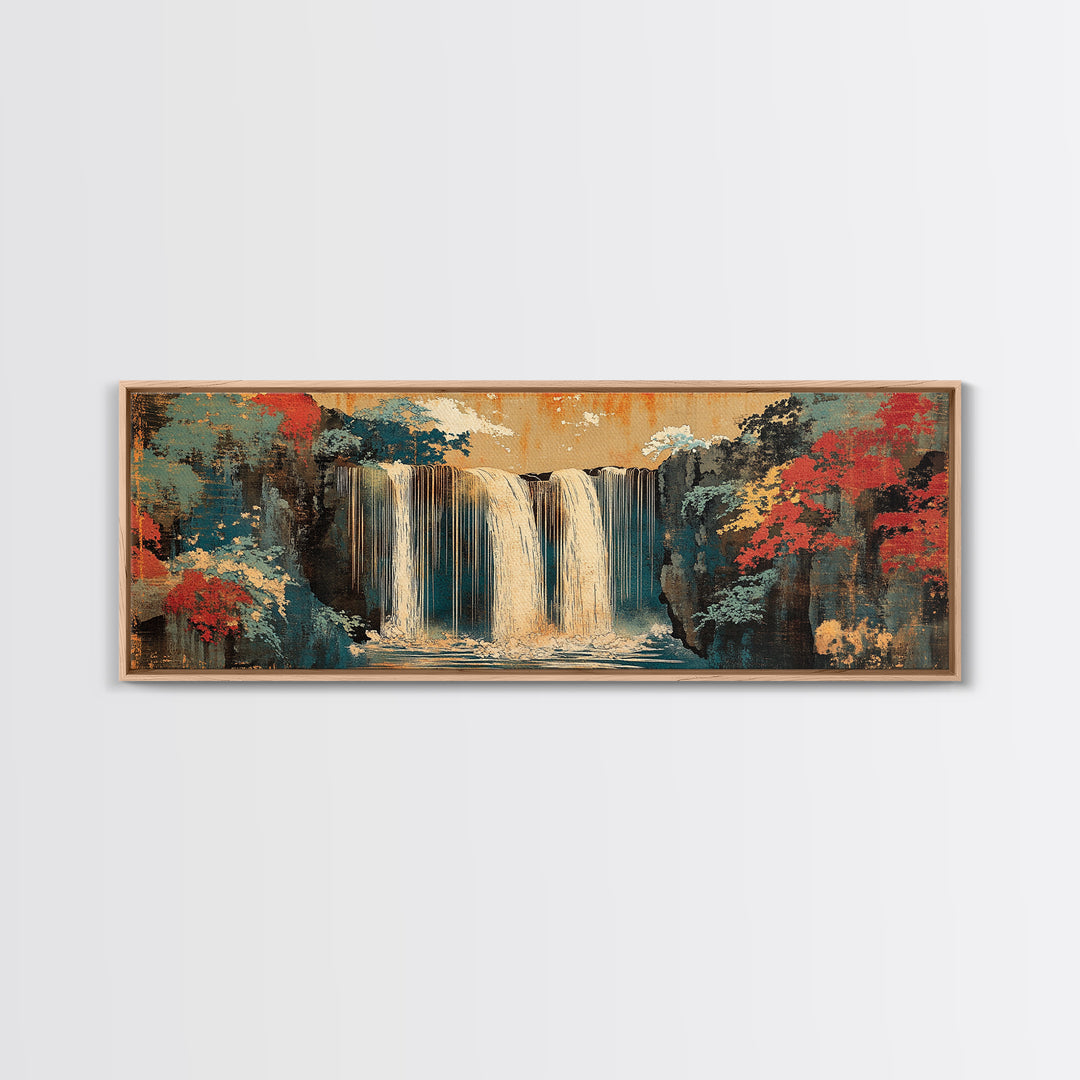 Misty Waterfall And Red Autumn Forest Wall Art, Japanese Landscape Canvas, Panoramic Nature Print, Serene Living Room Decor
