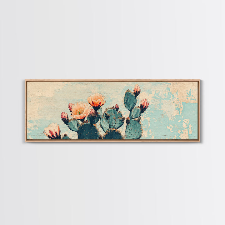 Blooming Prickly Pear Cactus Canvas Print, Southwestern Desert Wall Art, Floral Botanical Decor, Soft Blue Boho Home Decor