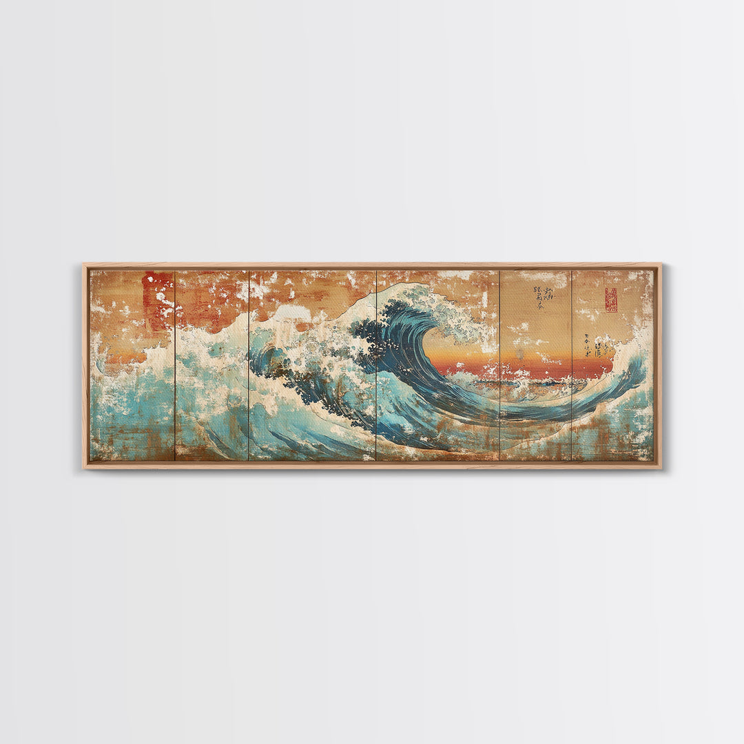 Great Japanese Wave With Golden Sky Canvas Print, Coastal Seascape Wall Art, Ocean Decor, Large Horizontal Living Room Art